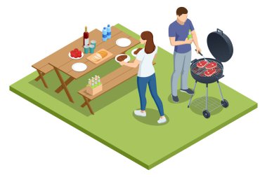 Izgarada açık ateşte pişen çeşitli et ve sebzelerin olduğu Isometric BBBQ sahnesi. Açık hava barbeküsü, toplantılar ve sıradan yaz yemekleri için mükemmel. Havuz başında barbekü partisi.