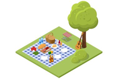 Izgarada açık ateşte pişen çeşitli et ve sebzelerin olduğu Isometric BBBQ sahnesi. Açık hava barbeküsü, toplantılar ve sıradan yaz yemekleri için mükemmel. Havuz başında barbekü partisi.