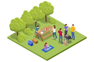 Izgarada açık ateşte pişen çeşitli et ve sebzelerin olduğu Isometric BBBQ sahnesi. Açık hava barbeküsü, toplantılar ve sıradan yaz yemekleri için mükemmel. Havuz başında barbekü partisi.