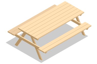 Banklı Isometric Wood piknik masası, açık hava bbq yemeği için ahşap mobilyalar, bahçe masası, beyaz arka planda izole edilmiş yeni boş piknik masası.