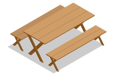 Banklı Isometric Wood piknik masası, açık hava bbq yemeği için ahşap mobilyalar, bahçe masası, beyaz arka planda izole edilmiş yeni boş piknik masası.