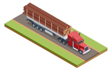 Ağaç gövdeleriyle dolu Isometric Truck. Güçlü büyük kamyon yarı kamyon, yolun aşağısındaki özel bir karavanda bir yığın kütük taşıyor..
