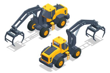 Isometric Günlük Yükleyici. Ağaç kesme ekipmanları yükleniyor. Kereste ve kütük yükleyici. Kütük yükleyici bir yığın çam kütüğünü hareket ettirir. Kereste endüstrisi. Ahşap fabrikası.