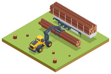 Isometric Günlük Yükleyici. Ağaç kesme ekipmanları yükleniyor. Kereste ve kütük yükleyici. Kütük yükleyici bir yığın çam kütüğünü hareket ettirir. Kereste endüstrisi. Ahşap fabrikası.
