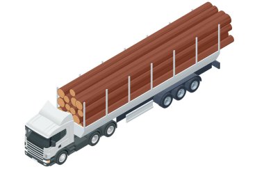 Ağaç gövdeleriyle dolu Isometric Truck. Güçlü büyük kamyon yarı kamyon, yolun aşağısındaki özel bir karavanda bir yığın kütük taşıyor..