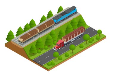 Isome yük treni çam sandıklarıyla dolu demiryolu platformu boyunca kereste taşıyan güçlü bir lokomotif sergiliyor. Demiryolu yük vagonları, kereste taşımacılığı için demiryolu platformu.