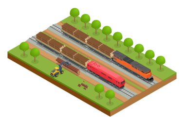 Isome yük treni çam sandıklarıyla dolu demiryolu platformu boyunca kereste taşıyan güçlü bir lokomotif sergiliyor. Demiryolu yük vagonları, kereste taşımacılığı için demiryolu platformu.