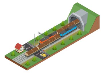 Isome yük treni çam sandıklarıyla dolu demiryolu platformu boyunca kereste taşıyan güçlü bir lokomotif sergiliyor. Demiryolu yük vagonları, kereste taşımacılığı için demiryolu platformu.