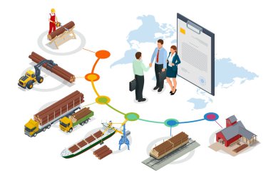 Isometric İhracat Odunu. Küresel lojistik ağı. Demiryolu taşıma tahtası, kargo gemisi kütüklerle dolu, kamyon ağaç gövdeleriyle dolu..