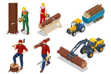 Isometric Günlük Yükleyici. Ağaç kesme ekipmanları yükleniyor. Kereste ve kütük yükleyici. Kütüklerle dolu bir traktör ve elinde baltası ve kütüğü olan oduncu erkek karakter.