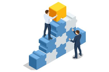 Isometric İş Bulmacası. Takım çalışması ve ortaklık. İş adamları yapboz parçalarını birleştirir. İş yapıyorum. İş adamları bulmaca parçalarına katıldı