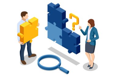 Isometric Business Puzzle. Bir adam nasıl karlı bir iş kuracağını düşünüyor. Takım çalışması ve ortaklık. İş adamları yapboz parçalarını birleştirir. İş yapmak..