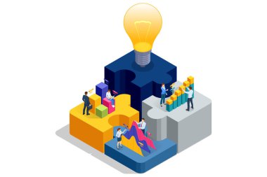 Isometric İş Bulmacası. Takım çalışması ve ortaklık. İş adamları yapboz parçalarını birleştirir. İş yapıyorum. Yapboz ögelerini bağlayan insanlar