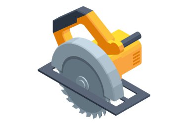 Beyaz zemin üzerinde Isometric Sarı Güç Aletleri Dairesel Testere izole. Tahta ya da metal kesmek için elektrikli el aleti. İnşa ekipmanı.