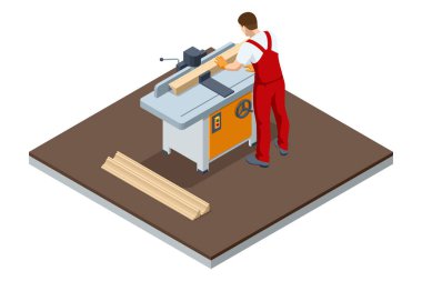 Isometric Milling makinesi. Marangozhanede odun kesen profesyonel bir marangoz. Endüstriyel makineler çalışıyor. Tahta için elektrikli makine araçları.