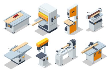 İzometrik marangozluk makineleri kuruldu. Tahta torna, tahta testeresi, tahta kesen tahta testeresi, marangoz planer ve kalınlık makinesi, ahşap aletler masası. Marangozluk atölyesi