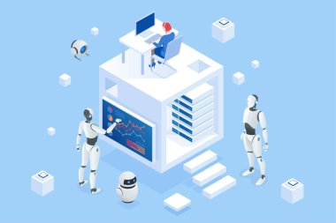 Isometric bir yapay zeka robotu iş analizleri için verileri verimli bir şekilde işliyor. Eğilimleri analiz eder, içgörü üretir ve karar verme süreçlerini optimize eder.