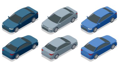 Isometric Araba Sedan. Otomatik düşük araç vektör şablonu beyaz arkaplanda. Kompakt geçiş, CUV, 5 kapılı steyşın araba. Şablon izole. Elektrikli araba..