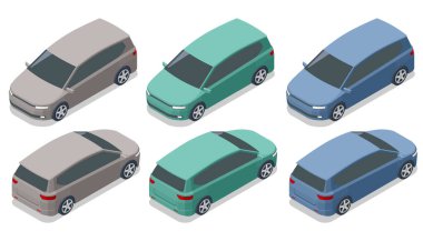 Markalaşma ve reklam için Isometric Minivan Car tasarımı. Çok amaçlı araç, taşıyıcı, jip, 5 kapılı minivan. Minivan, Yolcu Minibüsü