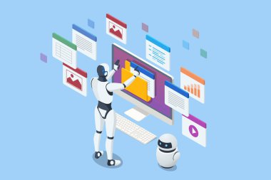 Isometric gelişmiş siber güvenlik önlemleri yoluyla bilgi gizliliği sağlayan yapay zeka güçlü bir robot. Özellikler arasında güvenli çevrimiçi bankacılık, giriş koruması ve akıllı cüzdan konsepti yer alıyor.