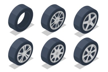 İzometrik araba tekerlekleri. Tekerlek ve lastik montaj hizmetleri. Ulaşım çözümleri, lastik bakımı ve bilgisayarlı dengeleme ekipmanları.