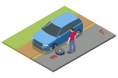 Taşımacılıkla ilgili bir arıza yüzünden araba yolculuğunda tekerlek değiştiren Itrik bir adam. Tekerlek ve lastik montaj servisi. Ulaşım, lastik tamiri, bilgisayar dengeleme koleksiyonu