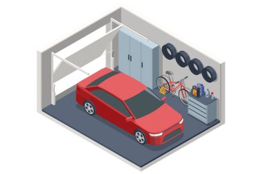 Isome 'ın kırmızı arabası temiz bir garajda park halinde. Bisikleti, yedek lastikleri ve aletleri var. Garaj, araç depolama ve teknik bakım için düzenlenmiştir..