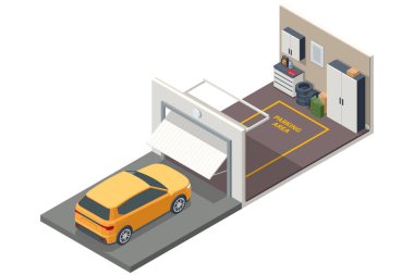 İzometrik sarı bir araba, kapısı kısmen açık özel bir garaja giriyor. Garaj park alanı olarak etiketlenmiştir ve dolaplar, aletler ve yedek lastiklerle organize bir depo içerir.