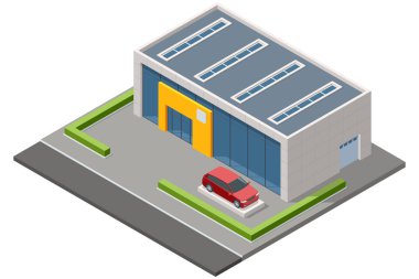 Binanın dışında kırmızı arabası olan izometrik modern bir araba galerisi. Mimaride parlak sarı bir giriş ve büyük cam pencereler yer alıyor. Galeri, galeri