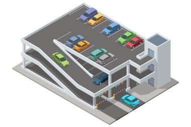 Çeşitli renkli arabalarla dolu Isometric çok katlı otopark. Ayrıntılı binada rampalar, park noktaları ve çevreleyen yeşillikler var.
