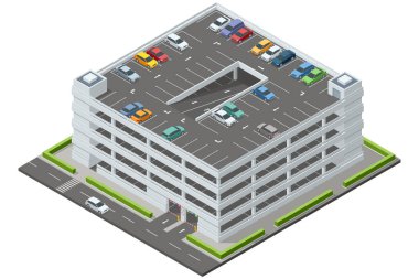 Çeşitli renkli arabalarla dolu Isometric çok katlı otopark. Ayrıntılı binada rampalar, park noktaları ve çevreleyen yeşillikler var.