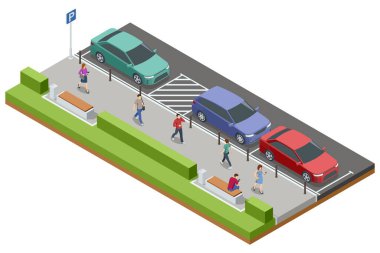 Arabalı bir otoparkın, engelli park yerinin ve yaya yolunun farklı bir çizimi. Banklar ve yeşil çitler yürüyüş yolu boyunca oturma ve peyzaj olanağı sağlar.