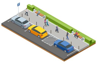 Arabalı bir otoparkın, engelli park yerinin ve yaya yolunun farklı bir çizimi. Banklar ve yeşil çitler yürüyüş yolu boyunca oturma ve peyzaj olanağı sağlar.