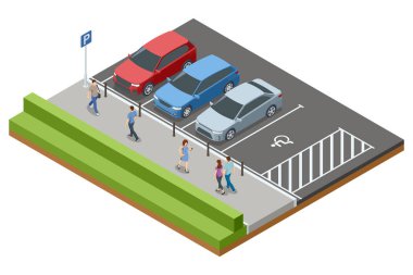 Üç araçlı ve engelli park yeri olarak belirlenmiş bir otoparkın farklı bir çizimi. Otoparkın bitişiğinde, çitin üzerinde yürüyen insanlarla dolu bir yaya yolu var.