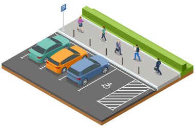 Normal park yerleri ve engelli park yeri olan bir otoparkın farklı bir çizimi. Yayalar arka planda yeşil bir çitle yol boyunca yürüyorlar.