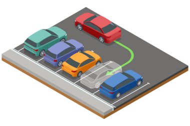 Otoparkta birden fazla araba olan Isome marka bir park yeri. Kırmızı bir araba, park manevrasını gösteren yeşil bir okla geri geri gidiyor. Otoparkın etrafında çeşitli araçlar var.