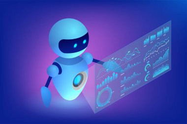 Isome yapay zeka sohbet robotu akıllı telefonun üstündeki holografik veri göstergeleriyle etkileşime giriyor. Neon mavi ve mor gradyanlar fütüristik ve teknoloji odaklı bir ortam yaratır.