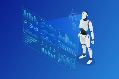 Isometric Al-Driven Workflow. Holografik ekrandaki verileri analiz eden Isometric insansı robot, mavi arka planda performans grafikleri, grafikleri ve gelecekteki elementleri içeriyor. Veri Yönetimi Otomatikleştiriliyor