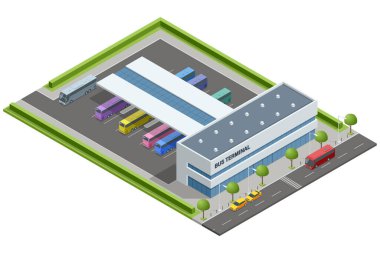 Belirlenmiş yerlerde ve bitişik caddelerde park edilmiş otobüsleri olan otobüs terminali etiketli modern bir otobüs terminalinin Isometric vektörü. Şehirlerarası ve uluslararası otobüs servislerini renklendirir