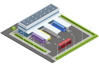 Otopark şeritleri, renkli otobüsleri ve bekleme alanları olan beyaz bir binası olan modern bir otobüs durağının izotrik vektörü. Şehirlerarası ulaşım merkezlerini temsil eder