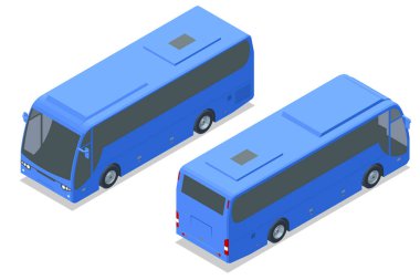 Mavi şehir otobüsleri. Mavi şehir otobüslerinin Isometric vektör çizimi. Toplu taşıma, kentsel ulaşım ve ulaşım ağı görsellerine odaklanmış