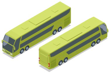Yeşil çift katlı bir otobüsün Isometric vektör çizimi. Şehirlerarası ya da uluslararası seyahat için şık tasarım. Ulaşım ve turizm görselleri için uygun