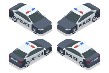 Modern polis arabalarının dört açılı bir şekilde izole edilmiş vektör çizimi. Kolluk kuvvetleri, suç önleme ve kamu güvenliği için tasarlandı..