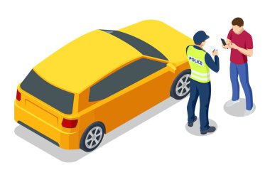 Sarı bir arabanın yakınındaki bir sürücünün belgelerini kontrol eden bir trafik polisi. Etkileşim yolda gerçekleşir. İzometrik vektör biçimi
