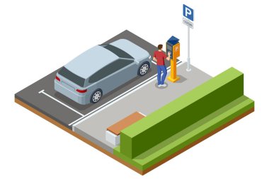 Park ücretini ödemek için güneş enerjili parkmetre kullanan bir adamın izometrik vektör çizimi. Olay yerinde park etmiş gri bir araba ve açık yol işaretleri var.