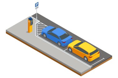Yan yana park edilmiş iki araba ve ödeme için bir parkmetre olan bir park alanının izometrik vektör gösterimi. Temiz çizgiler ve açık yol işaretleri
