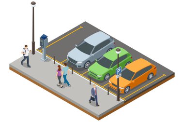 Kalabalık bir otoparkın, birden fazla aracın, bir parkmetrenin ve yayaların izometrik bir çizimi. Güneş enerjili ödeme sistemlerine sahip kentsel çevre