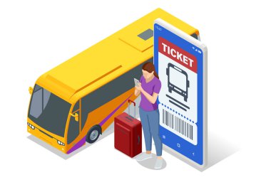 Bilet ve yolcusu olan sarı otobüs. Sarı bir otobüsün Isometric vektörü, büyük bir bilet ekranı ve elinde bavullu akıllı telefon tutan bir kadın yolcu.