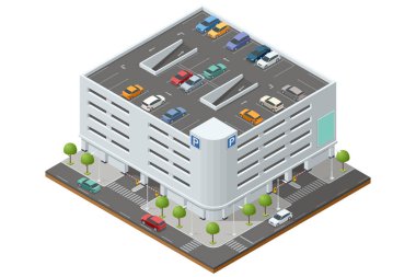 İzometrik tarzda çok katlı otopark illüstrasyonu. Otomobilleri ve kentsel çevresi olan çeşitli katlı organize park yerlerini gösteriyor