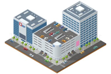 Modern ofis binalarıyla çevrili çok katlı bir otoparkı olan Isometric şehir manzarası. Arabalar ve ağaçlar gibi kentsel öğeler içerir